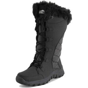Womens Black Quilted Faux Fur Cuff Winter Duck Boots with Rubber Sole